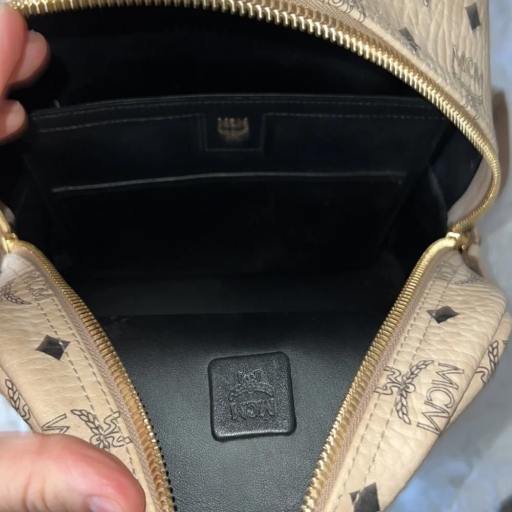 MCM Beige and Black Logo Backpack